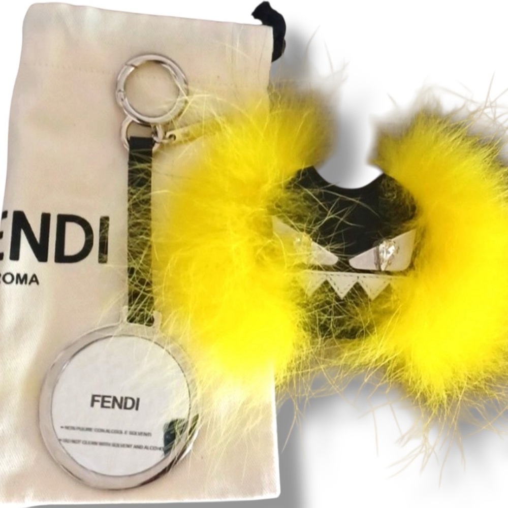 Fendi Women's Monster Fur Mirror Leather Bag Charm Collectible Yellow Black Dust